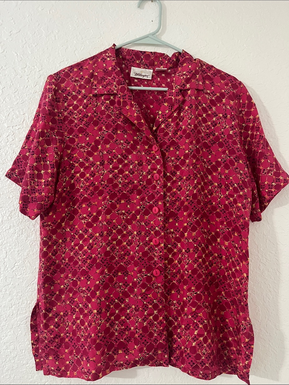Vintage 100% Silk Worthington Fuchsia Print Button-Down Blouse
